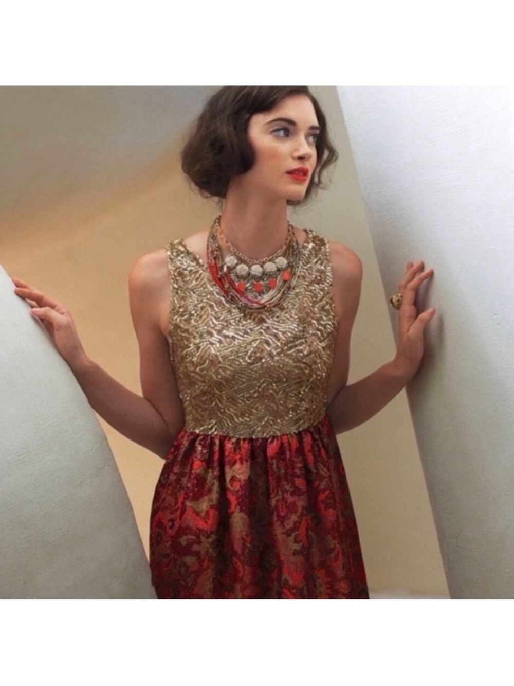 Anthropologie Wren Gold Pink Sequin Tapestry Party Dress Size Medium